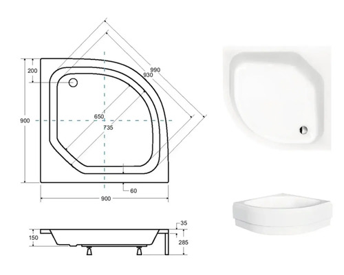 Rohová sprchová vanička s rozměry v technickém výkresu a vyobrazení produktu