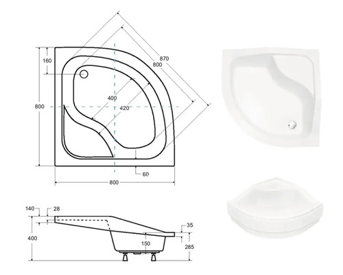 Technický nákres a pohled na sprchovou vaničku, rohový montáž, 800x800 mm