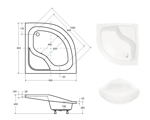 Technický nákres a pohledy na rohovou vanu s rozměry