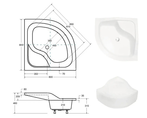 Technický výkres sprchové vaničky s rozměry a pohledy na produkt