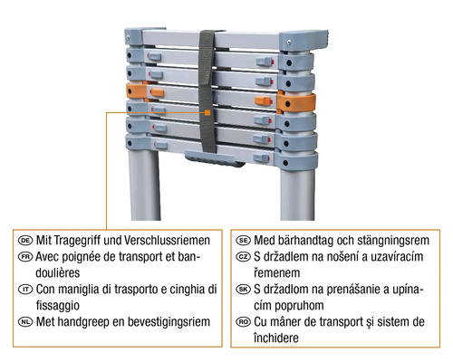 Teleskopický žebřík ve složeném stavu s držadlem na nošení a uzavíracím řemenem