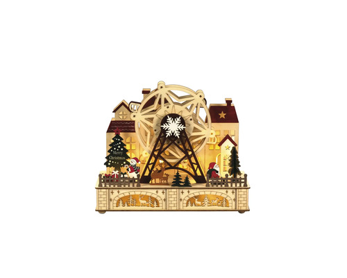 Dřevěné dekorativní vánoční městečko s ruským kolem a osvětlením