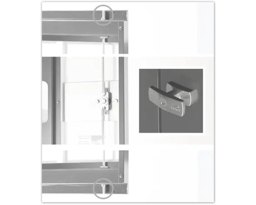 Detailní pohled na skříň s rukojetí a uzamykacím mechanismem