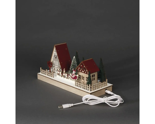 Vánoční dřevěná dekorace s LED osvětlením, skládající se z domů, stromů a Santa Clause v saních s USB kabelem