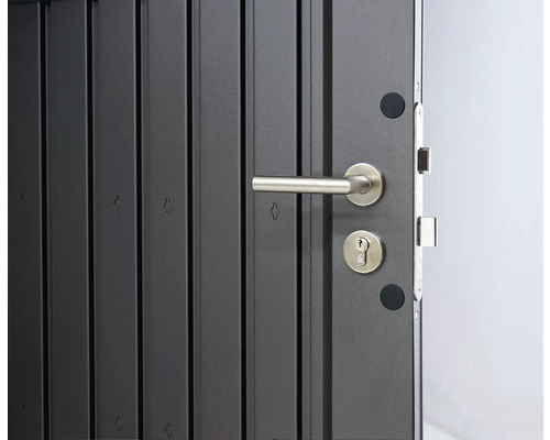 Detailní pohled na vchodové dveře s klikou a zámkem