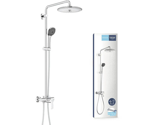 Sprchový systém Grohe s hlavovou a ruční sprchou a obalem produktu