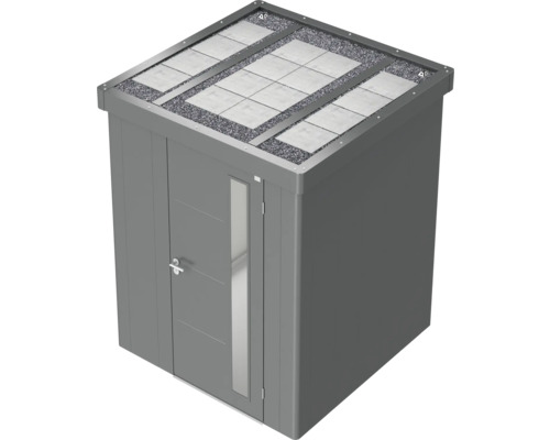 Zahradní skříň s plochou střechou, zelenou střechou a dveřmi