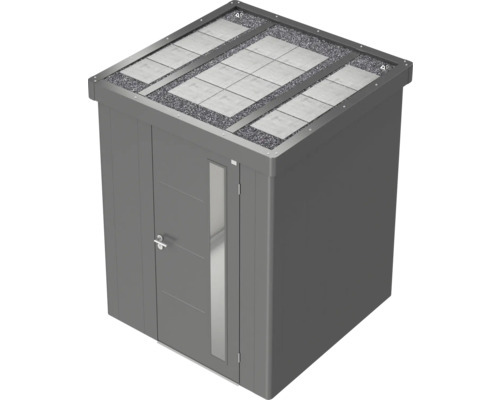 Kovový zahradní domek s dveřmi a zelenou střechou