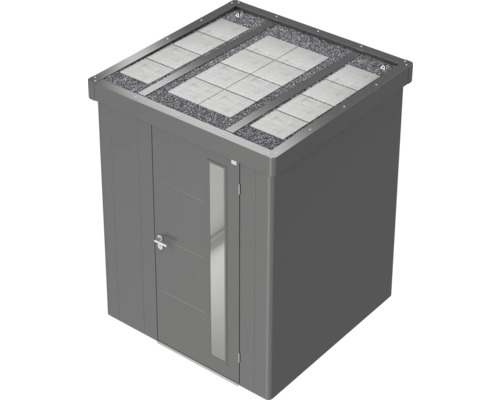 Zahradní skříň s plochou střechou, dveřmi a kamenným vzorem