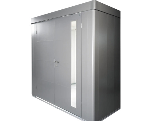 Kovový zahradní domek s dvoukřídlými dveřmi a oknem