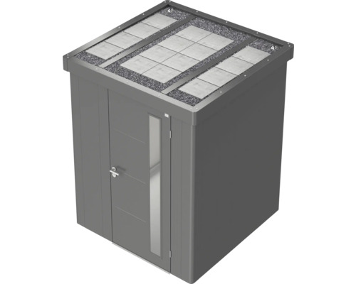 Kovový zahradní domek s dveřmi a plochou střechou