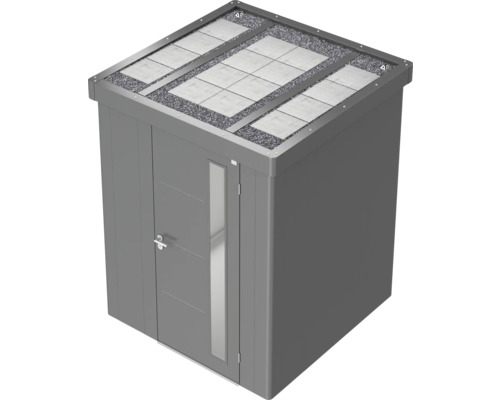 Zahradní skříň s dveřmi, světlíkem a zelenou střechou