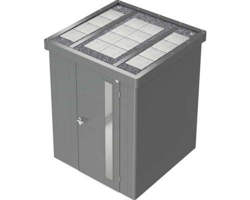 Šedý zahradní domek s plochou střechou, zelenou střechou a dveřmi s oknem