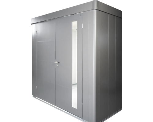 Kovový zahradní domek s dveřmi a oknem