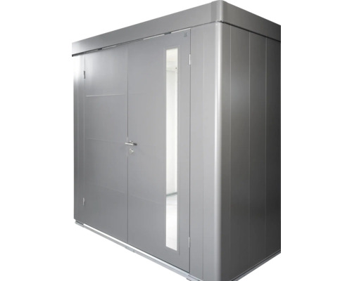 Kovový zahradní domek s dveřmi a oknem