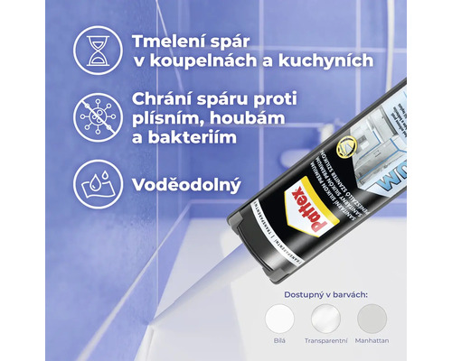 Pattex Sanitární Silikon Premium kartuše pro spárování v koupelně a kuchyni, chrání proti plísním, houbám a bakteriím, voděodolný