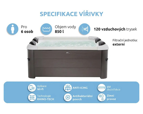 Specifikace vířivky: vhodné pro šest osob, objem vody 850 litrů, 120 vzduchových trysek, externí filtrační jednotka, aplikace Wi-Fi, technologie Rhino-Tech, ochrana proti zamrznutí, antibakteriální povrch, UV dezinfekce, zimní provoz.