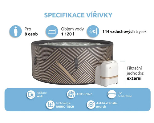 Nafukovací vířivka pro až osm osob s objemem 1120 litrů, 144 vzduchových trysek, systém proti zamrzání, technologie Rhino-Tech, antibakteriální povrch, UV dezinfekce a aplikace Wi-Fi.