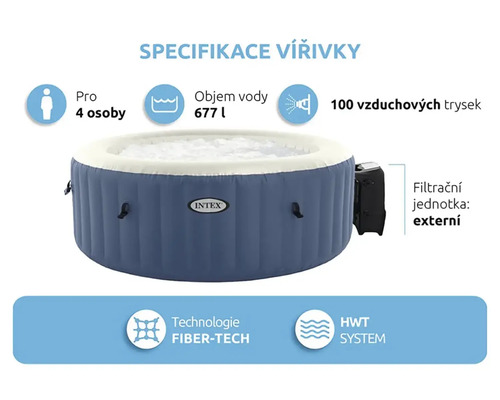Specifikace vířivky Intex: vhodné pro čtyři osoby, objem vody 677 litrů, 100 vzduchových trysek, technologie Fiber-Tech, systém HWT, externí filtrační systém
