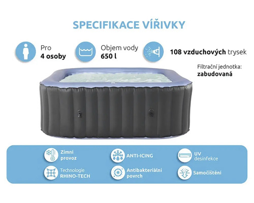 Nafukovací vířivka pro čtyři osoby s objemem 650 litrů, 108 vzduchovými tryskami, vestavěnou filtrační jednotkou, zimním provozem, funkcí proti námraze, UV dezinfekcí, technologií Rhino-Tech, antibakteriálním povrchem a samočištěním.