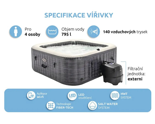Vířivka Intex pro čtyři osoby s externí filtrační jednotkou a 140 vzduchovými tryskami