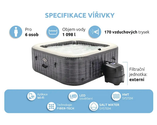 Specifikace vířivky Intex: kapacita pro 6 osob, objem 1098 litrů, 170 vzduchových trysek, externí filtrační jednotka, WiFi aplikace, LED osvětlení, technologie Fiber Tech, systém HWT, systém slané vody