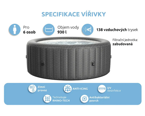 Specifikace vířivky: vhodné pro šest osob, objem vody 930 litrů, 138 vzduchových trysek, zabudovaná filtrační jednotka, zimní provoz, technologie proti námraze, UV desinfekce, antibakteriální povrch, technologie Rhino-Tech.