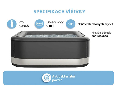 Nafukovací vířivka s prostorem pro šest osob, objem vody 930 litrů, 132 vzduchových trysek, vestavěný filtr a antibakteriální povrch