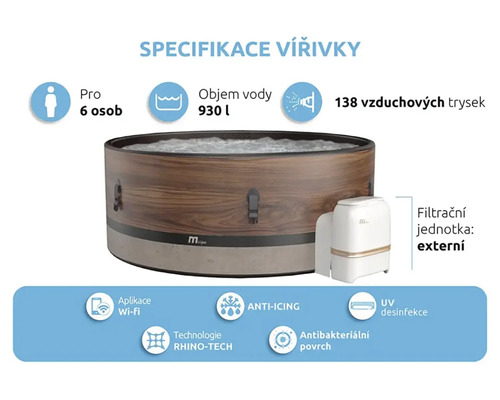 Nafukovací vířivka pro šest osob s externí filtrační jednotkou a 138 vzduchovými tryskami