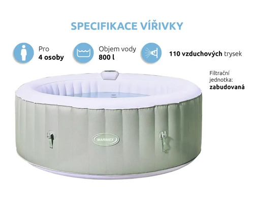 Nafukovací vířivka pro čtyři osoby, s objemem 800 litrů, 110 vzduchovými tryskami a zabudovanou filtrační jednotkou