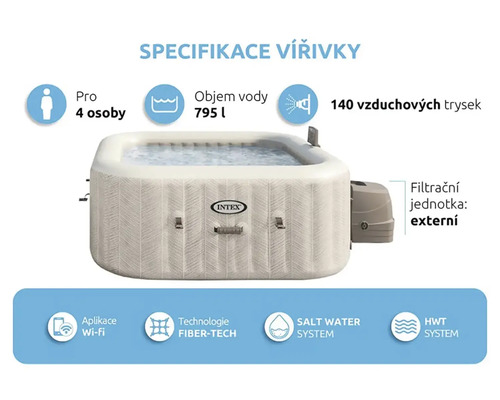 Specifikace vířivky Intex: vhodné pro čtyři osoby, objem vody 795 litrů, 140 vzduchových trysek, technologie Fiber-Tech, systém slané vody a systém HWT