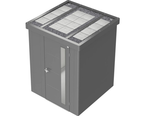 Zahradní skříň s ozeleněnou střechou a dveřmi