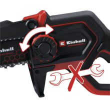 Jednoruční řetězová pila Einhell Professional se šipkou ukazující napínání řetězu bez použití nářadí a symbolem označujícím, že není potřeba žádné nářadí