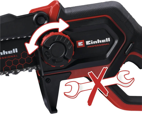 Jednoruční řetězová pila Einhell Professional se šipkou ukazující napínání řetězu bez použití nářadí a symbolem označujícím, že není potřeba žádné nářadí