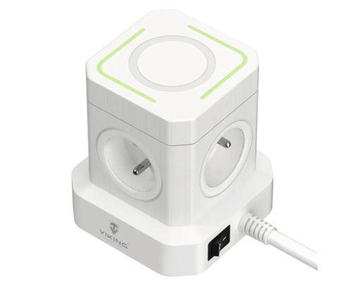 Zásuvková lišta ve tvaru krychle s několika konektory a indukční nabíječkou