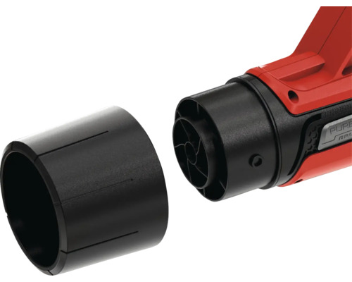 Detailní záběr nástavce dmychadla s tryskou pro elektrické nářadí