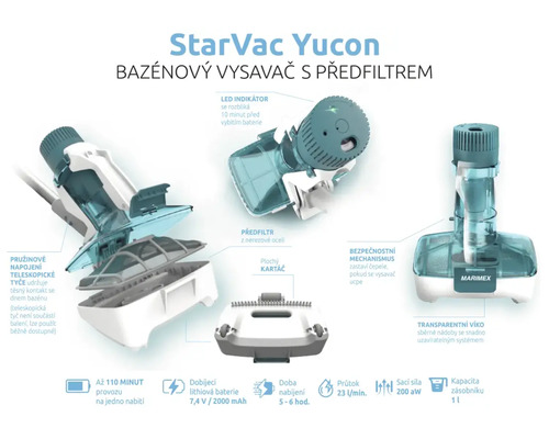 Čistič bazénů StarVac Yucon s předfiltrem, detaily a funkce