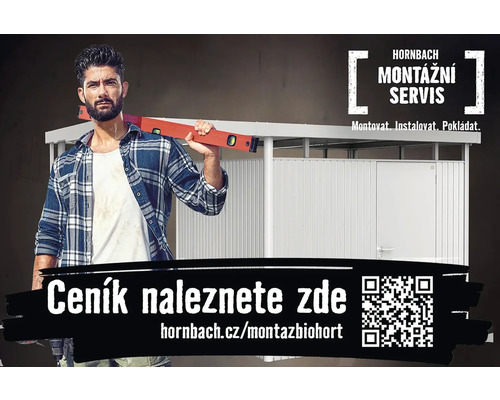 Reklama na montážní servis Hornbach s mužem s vodováhou a zahradním domkem v pozadí