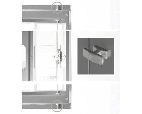 Detail kovové skříně s rukojetí a zamykacím mechanismem