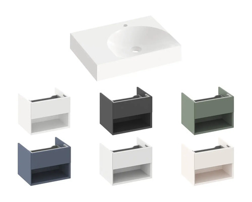 Umyvadlová deska a umyvadlové skříňky v různých barvách