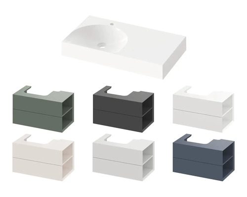 Umyvadlová deska s odpovídajícími umyvadlovými skříňkami v různých provedeních