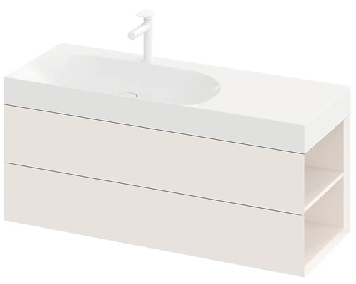 Skříňka pod umyvadlo s umyvadlem a dvěma zásuvkami a dvěma otevřenými policemi