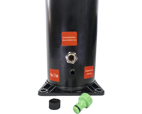 Tlaková nádoba s hadicovou přípojkou, vypouštěcí zátkou a maximálním tlakem 3,5 bar