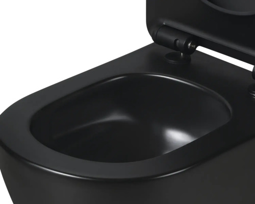 Černá závěsná toaleta s otevřeným víkem