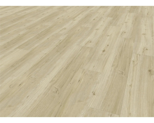 Podlahová krytina ze světlého vinylu s dřevěným vzhledem.