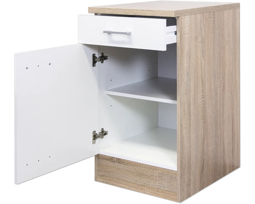 Otevřená spodní skříňka se zásuvkou a policemi