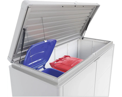 Otevřený box na popelnice s modrými a červenými popelnicemi