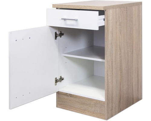 Noční stolek se zásuvkou, otevřenými dvířky a policemi