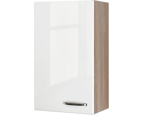 Závěsná skříňka s bílým čelem a boční stranou s dekorem dřeva