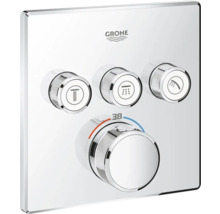 Logo Grohe. Nástěnná termostatická baterie se třemi ovladači pro sprchu a regulátorem teploty s označením 38 stupňů.